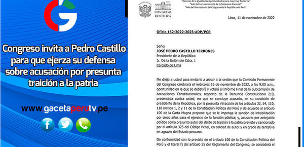 Congreso invita a Pedro Castillo para que ejerza su defensa sobre acusación por presunta traición a la patria