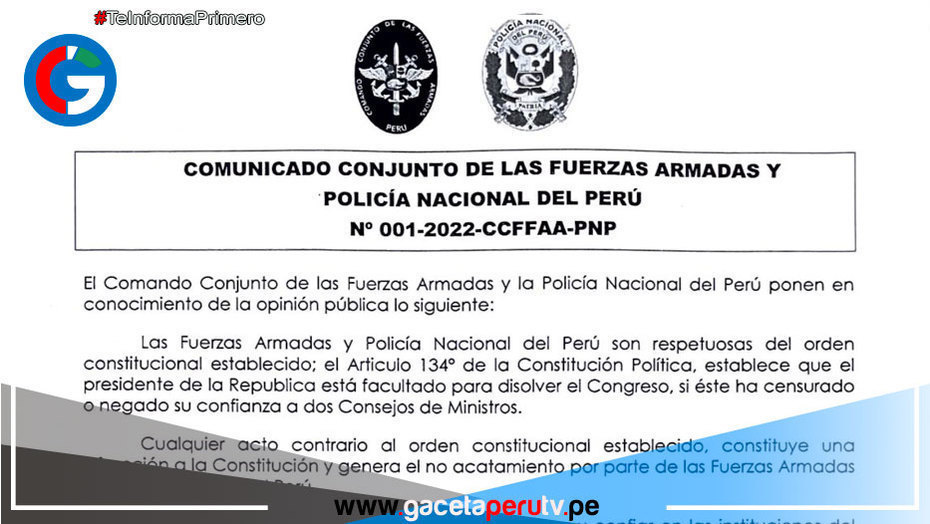 Fuerzas Armadas y la Policía Nacional rechazaron el golpe de Estado de Pedro Castillo