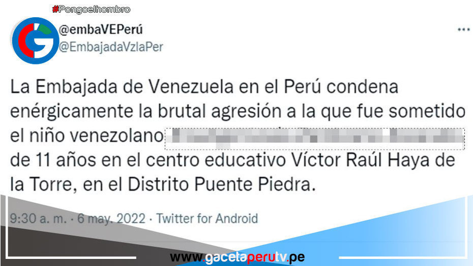 Embajada de Venezuela en Perú condena agresión a niño en Puente Piedra