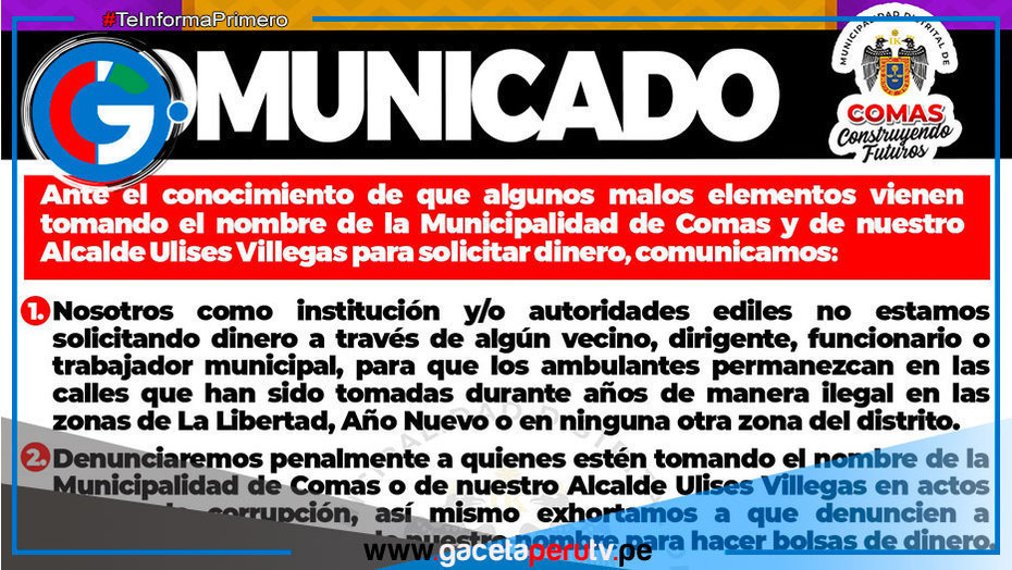 Municipalidad de Comas alerta sobre estafas y falsas solicitudes