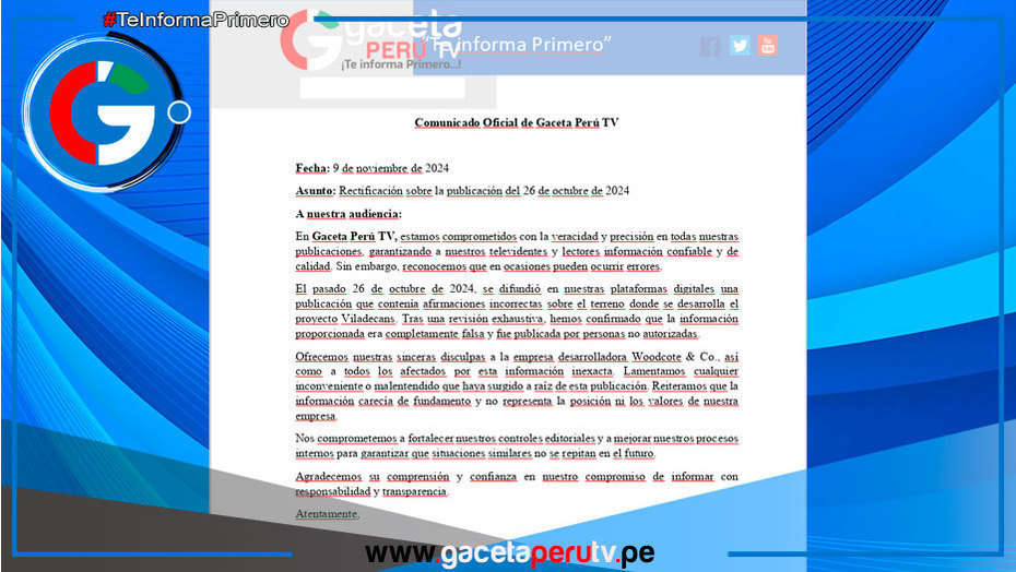 Gaceta Perú TV se rectifica sobre publicación del 26 de octubre de 2024