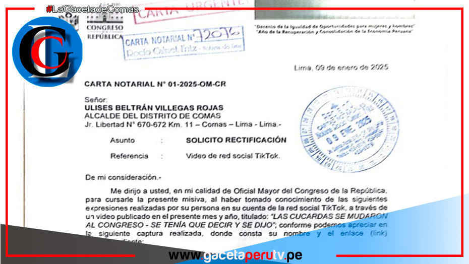 Congreso envía carta notarial a alcalde de Comas, vulnerando la libre expresión