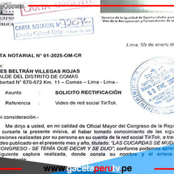 Congreso envía carta notarial a alcalde de Comas, vulnerando la libre expresión