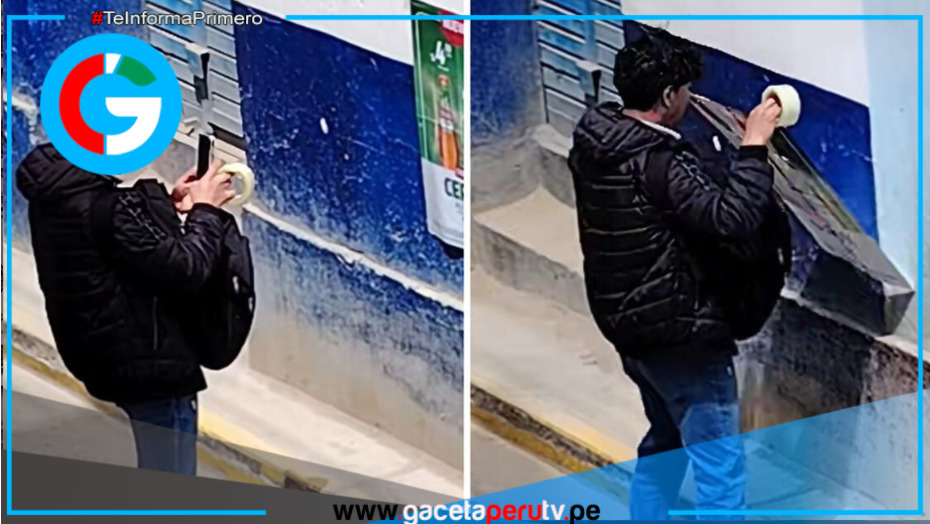 Joven peruano pega y quita afiche repetidas veces, generando dudas sobre su trabajo