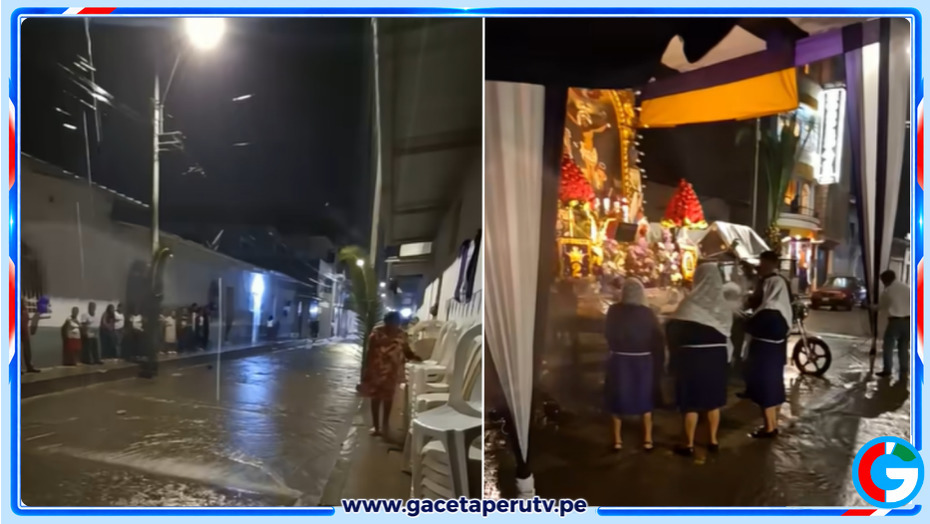 Fieles del Señor de los Milagros son sorprendidos por una fuerte lluvia