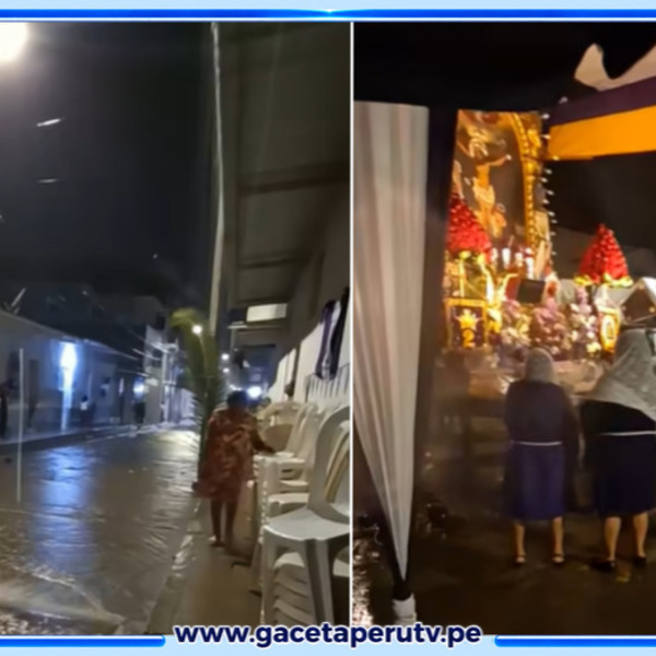 Fieles del Señor de los Milagros son sorprendidos por una fuerte lluvia